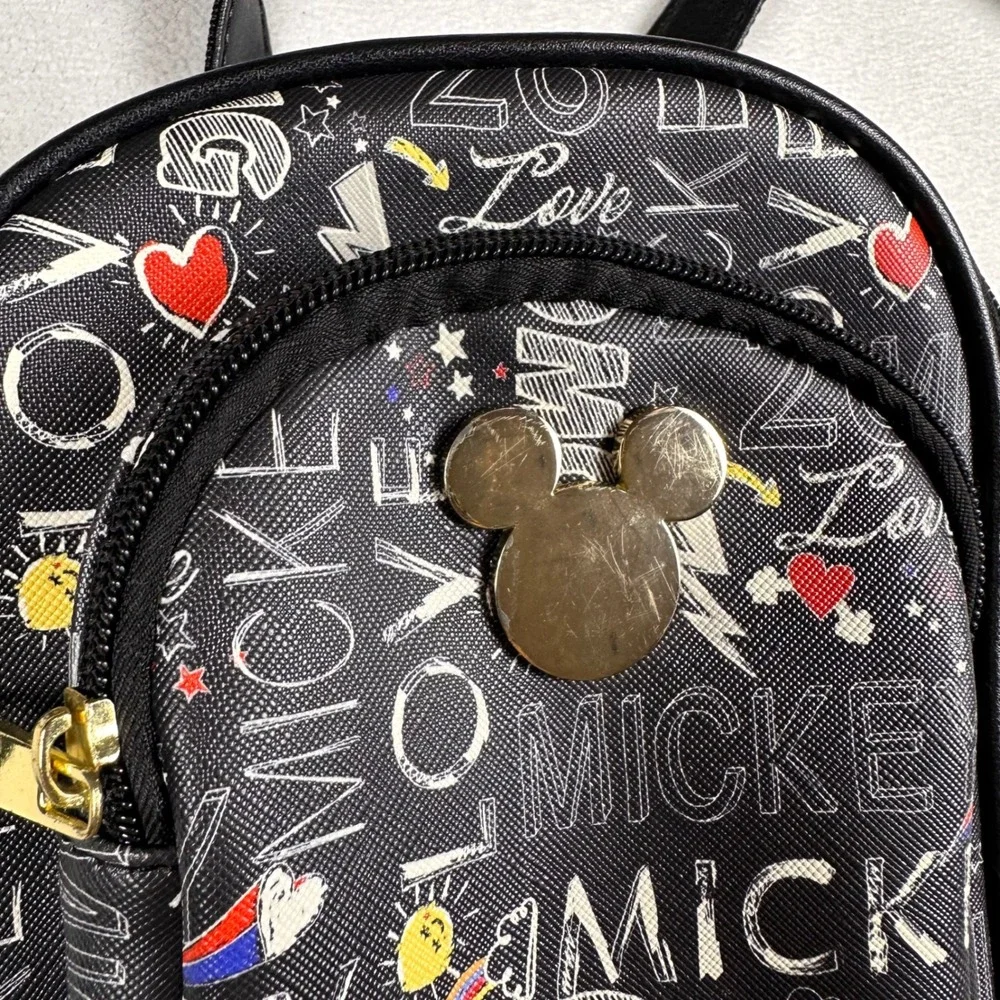 Disney Mickey Mouse Love OMG All Over Print Mini Backpack Black‎ Gold Tone